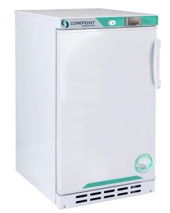 Corepoint Scientific White Diamond Series Countertop Refrigerator, Freestanding, 1 Cu. Ft., Solid Door, Left Hinged