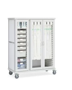 Innerspace SR3G7CG 58.75"W x 28.75"D x 74.88"H Roam 3 7-Cue Catheter and Supply Cart with 2 Shelves and Glass Doors, Soft White
