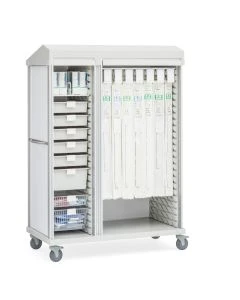 Innerspace SR3R7CG 58.75"W x 28.75"D x 80.69"H Roam 3 7-Cue Catheter and Supply Cart with Roll-Top Door, Soft White