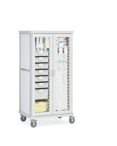 Innerspace SR2G3CG 39"W x 28.75"D x 74.88"H Roam 2 Catheter and Supply Cart with 2 Shelves and Glass Doors, Soft White