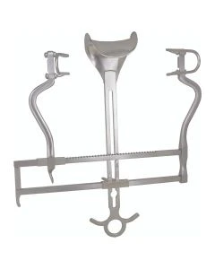 Miltex 11-432 Abdominal Retractor, 7" Spread, Ratchet Bar, 2 Pair Interchangeable Fenestrated Side Blades 2¼" & 3½"D, 2 Solid Center Blades 2 5/8" x 1¾" & 3¼" x 2¾"