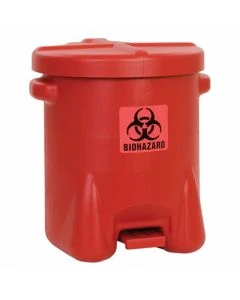 Justrite 947BIO 22"L x 18"W x 21"H Biohazardous Plastic Waste Can with Foot-Operated, Red