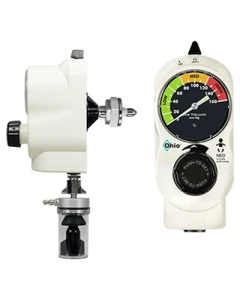Ohio Medical Push-to-Set Vacuum Regulator, Continous, 2-Mode Neonatal, Analog Display, White, Ohmeda (Wall), DISS Male & Overflow Safety Trap with DISS Wing Nut & Gland (Patient) (8701-1231-908)
