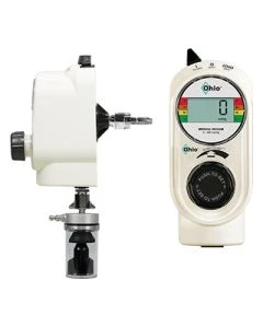 Ohio Medical Push-to-Set Vacuum Regulator, Continuous/Intermittent, Adult, Digital Display, White, Schrader (Wall), DISS Male & Overflow Safety Trap with DISS Wing Nut & Gland (Patient) (8704-1351-908)