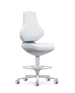 Bimos 20027566 Texon Cleanroom Stool, 9175R, ESD Capable, Bench-to-Counter Height, White, Armless-Blue Accent 
Flex Bar