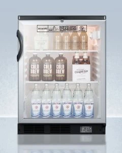 Summit Appliance SCR600BGLBINZ Commercially approved Nutrition Center built-in or freestanding glass door all-refrigerator for food and beverage storage, with continuous NIST calibrated temperature display, alarm, and black cabinet