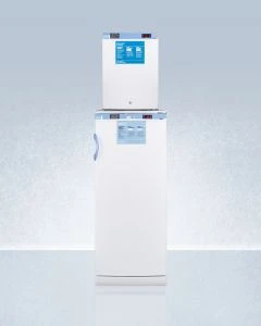 Summit Appliance FFAR10-FS30LSTACKMED2 Stacked combination of full-sized auto defrost all-refrigerator and compact manual defrost all-freezer, both with locks, digital controls, and NIST calibrated alarm/thermometers
