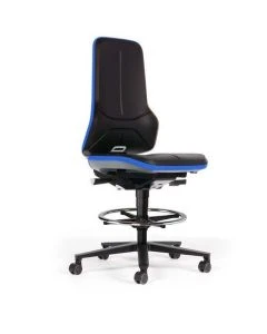 Bimos 20028409 Neon ESD Low Stool 9572E, Desk-to-Bench Height, w/ Foot Ring, Armless-Blue Accent Trim