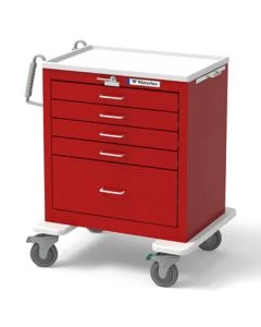 Waterloo Healthcare USRLU-33339-RED 29"L x 24.5"W x 36"H Short Steel Standard Emergency Cart with 5 Drawers