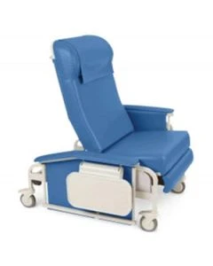 Winco 6570-02-00-00-PC XL Drop Arm Care Cliner, Royal Blue, IV Pole Installed at Right Rear of the Chair