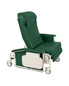 Winco 6570-06-00-00-PC XL Drop Arm Care Cliner, Hunter Green, IV Pole Installed at Right Rear of the Chair